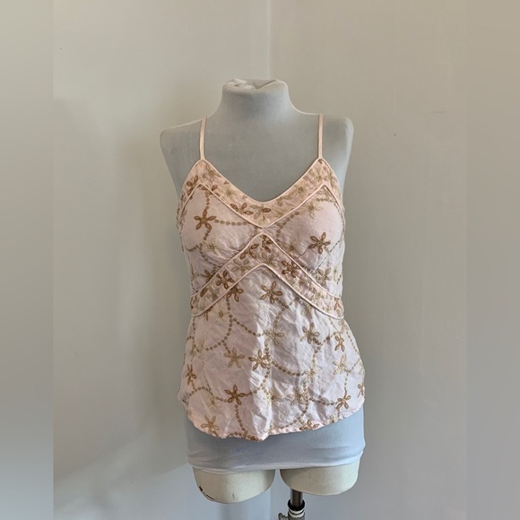 120% Lino Italy Floral 100% Linen Pink Tank Top embroidered 42 6 metallic corset - Picture 1 of 16